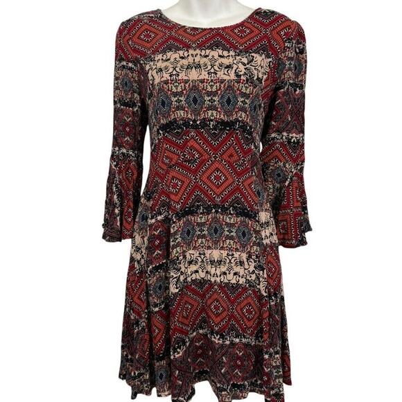 Holding Horses Anthropologie Bell Flare Sleeve Dress Mini Fit Flare Red Print M - Picture 1 of 16